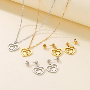 Heart Necklace And Earrings Stainless Steel Hollow Nested Heart For Women Minimalist Korean Style Fashion Accessory