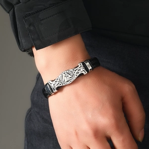 Men's Viking punk braided leather bracelet with silver Celtic knot metal charms