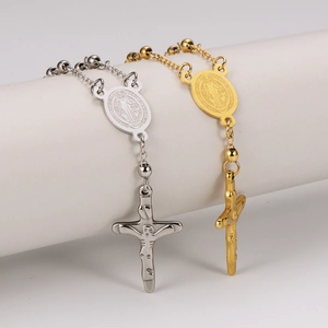 Religious 18k gold and silver stainless steel rosary bracelets with Saint Benedict medals