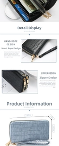 Detailed view of crocodile pattern PU wallet with double zippers and detachable strap