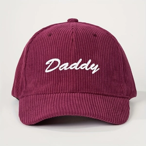 Retro burgundy corduroy baseball cap with white Daddy embroidery and adjustable strap