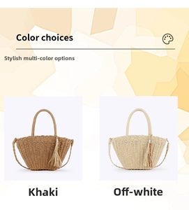 Close-up of handmade straw tote bags in khaki and beige with fringe tassel details