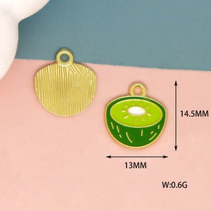 Detail view of kiwi fruit charms with dimensions 14.5mm x 13mm and 0.6g weight