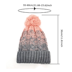 Berretto in maglia a trecce rosa e grigio con pompon, misura 30cm per 55-60cm testa