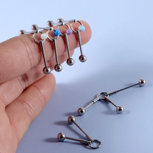 Industrial barbell earrings in stainless steel with colorful opal stones for ear piercings