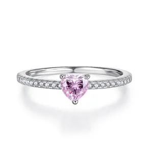 Ring 925 Sterling Silver Pink Heart Cubic Zirconia Micro Pave Sparkling Elegant Jewelry Gift For Women