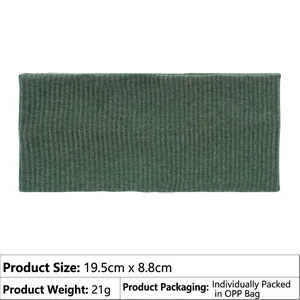 Detail view of dark green ribbed fabric headband showing size 19.5cm x 8.8cm in table
