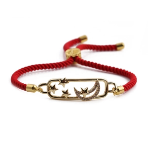 Adjustable red rope bracelet with gold plated star and moon charms with zircon