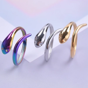 Minimalist snake-shaped open rings in iridescent, silver, and gold stainless steel finish