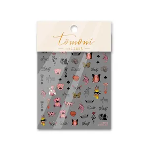 3D embossed nail stickers featuring pink bears, punk cats, roses and flame designs