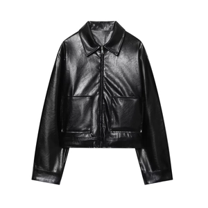 Veste noire en simili cuir pour femme avec manches longues, col à revers et poches