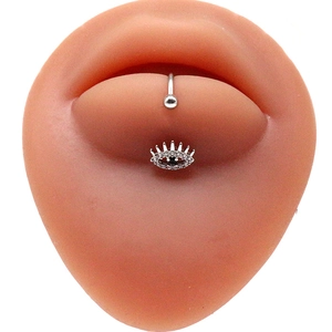 Silver stainless steel curved barbell labret with crystal eye pendant on silicone model