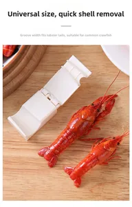 Manual plastic crayfish peeler tool with serrated grooves on a wooden cutting board