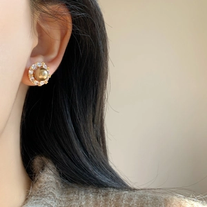 Elegant gold pearl flower earrings with sparkling zircon halo for women