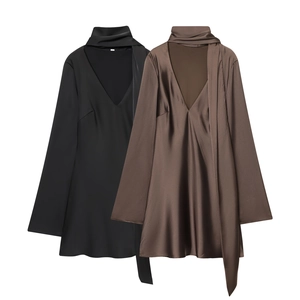 Satin Langarm Minikleid Damen V-Ausschnitt Schal Bindekragen Elegant Einfarbig Pendeln Mode