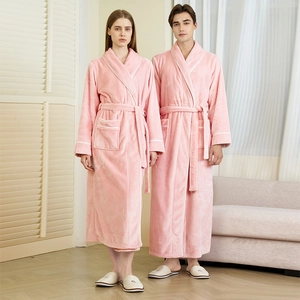 Classic pink flannel bathrobes for men and women with white piping and belted waist