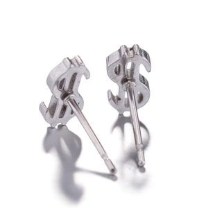 Close-up of silver dollar sign stud earrings showing the needle and back detail