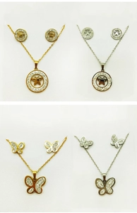 Detailed view of gold and silver butterfly jewelry sets featuring sparkling crystal accents