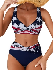 Women's stars and stripes high-waisted bikini set with a crossover v-neck lace-up top