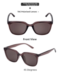 Detailed front and 45-degree view of purple tea cat-eye polarized sunglasses