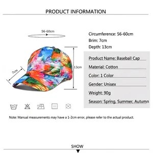 Tie-dye gradient baseball cap for men and women with adjustable size chart details