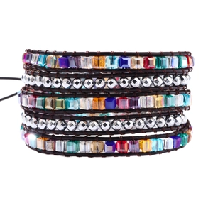 Multilayer bohemian wrap bracelet with colorful crystals and tiger eye on leather strap
