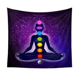 Detailed view of meditation tapestry featuring chakra symbols and mandala patterns