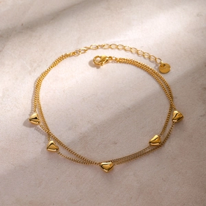 Minimalist double-layer 16k gold stainless steel anklet with five solid heart charms
