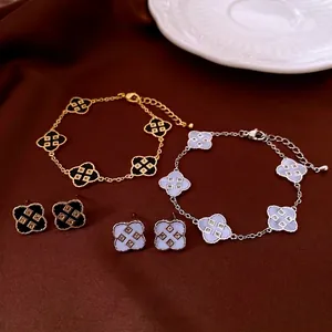 Four Leaf Clover Bracelet And Earrings Copper Zircon Gold Plated Vintage Elegant For Women With Silver Earring Post