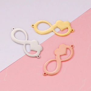 Infinity heart pendant charms in gold, silver, and rose gold mirror stainless steel
