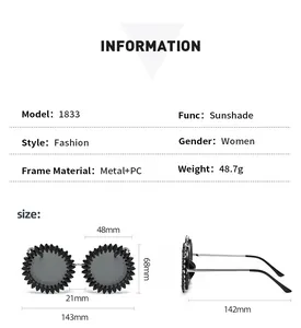 Detailed size chart for rhinestone party sunglasses with precise frame measurements