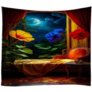 Wandteppich mit Nachtansicht, Blumenfenster und Samtsessel für das Schlafzimmer