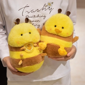 Cute Bee Duck Plush Toy Soft Stuffed Animal Doll Keychain Pendant With Gold Coin Stripe Ornament For Bag Decoration Gift
