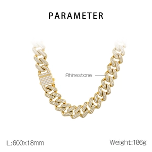 Detail view of 18mm gold Cuban link necklace with rhinestone dimensions and weight parameters