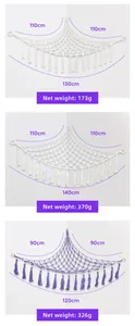 Size guide for macrame stuffed animal hammock with wood beads and fringe details