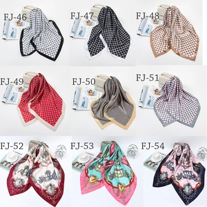 Collage of 90cm satin silk scarves featuring classic checkered and vintage carriage patterns