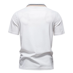 Back view of white short-sleeve polo shirt with striped collar and breathable texture