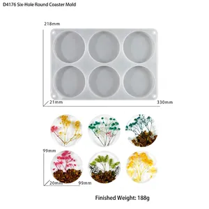 Detail view of 6-cavity round silicone coaster mold with product dimensions and floral resin samples