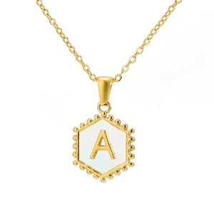 18K gold hexagonal letter A necklace with white mother of pearl inlay and cable chain