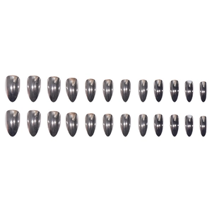 Glossy metallic silver mirror stiletto press-on nails set with 24 pieces on white background