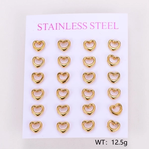Set of 12 pairs gold heart stainless steel stud earrings on a display card, 12.5g total weight