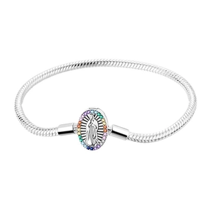 Silver snake chain bracelet with Virgin Mary pendant and rainbow crystal border