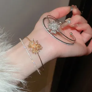 Zircon Starburst Open Bangle Bracelet Copper Double Layer Firework Design Elegant Hand Jewelry For Women