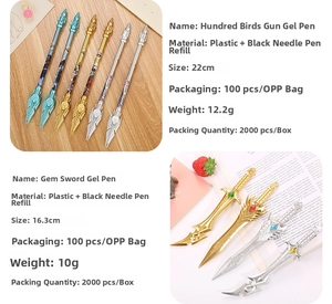 Detail of ancient Chinese sword and spear shaped gel pens with metallic finish