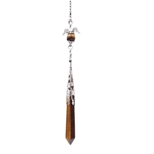 Tiger eye crystal hexagonal pendant with silver angel wings and metallic filigree cap