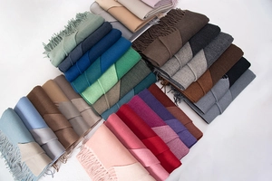 Detailed stack of soft cashmere-feel scarves with fringe tassels in various pastel colors