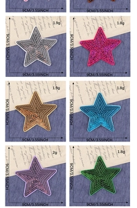 Macro detail showing 9cm star sequin patches in six colors on denim fabric for DIY sewing