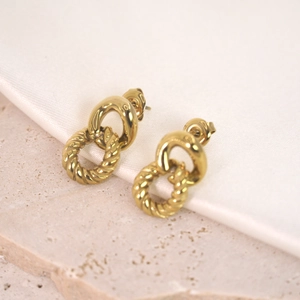 Chic 14K gold-plated stainless steel double-hoop twisted rope earrings for women