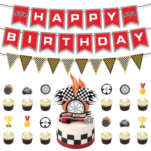 Décorations de fête d'anniversaire de course avec bannières Happy Birthday et toppers