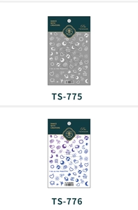 Detail of TS-775 and TS-776 celestial nail stickers with moons and stars motifs